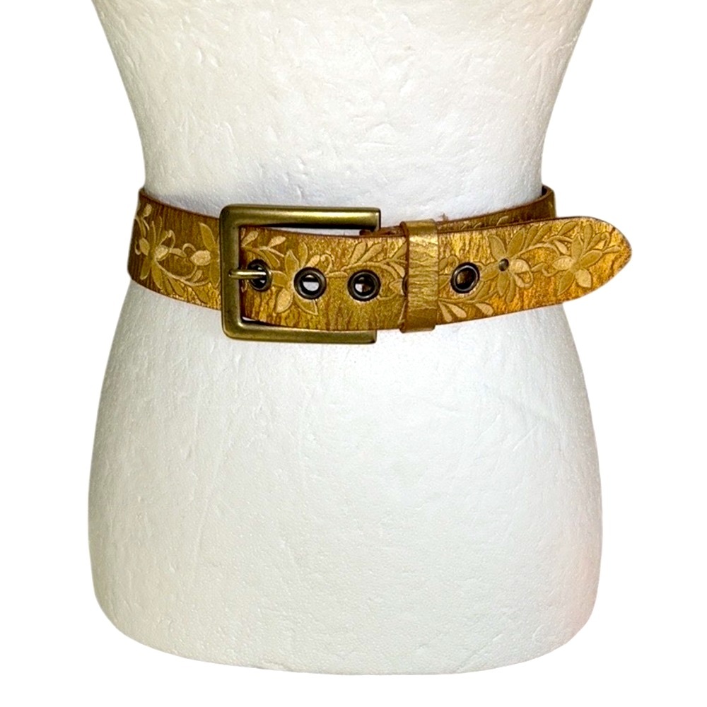 Linea Pelle Vintage Handmade Metallic Gold Embroidered Leather Buckle Wide Belt
